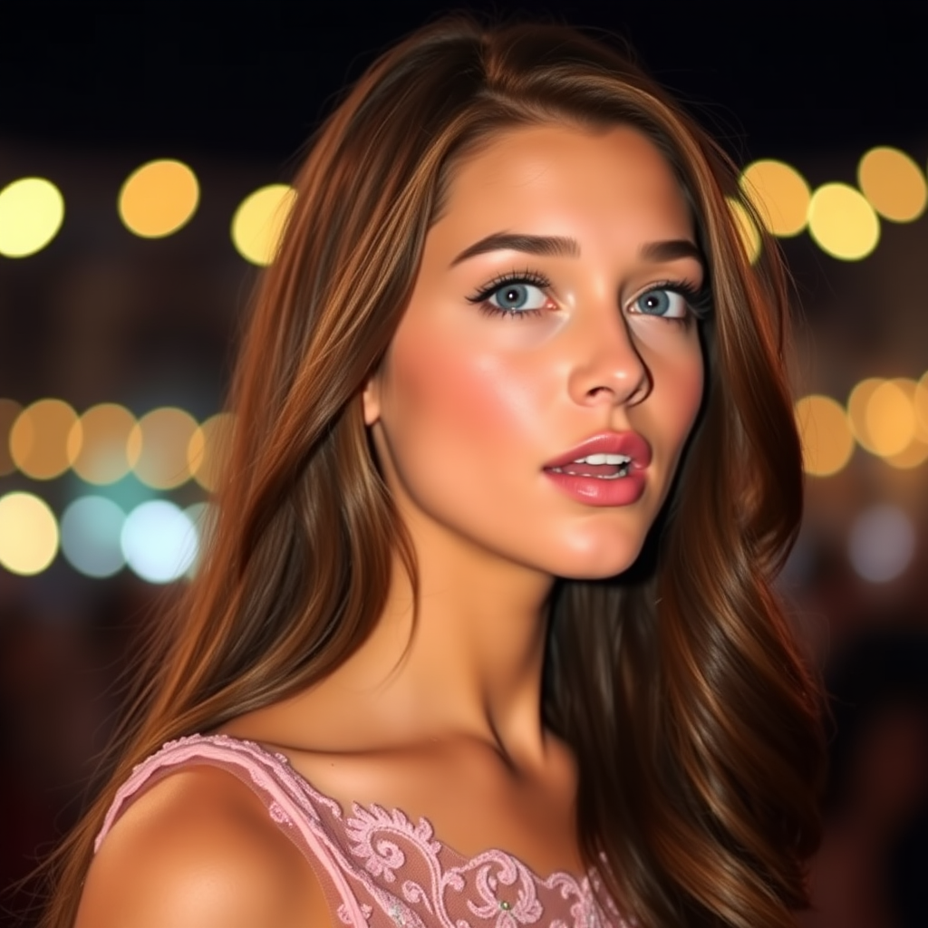 a young woman singing. long brunette hair with highlights, bright blue eyes. suntanned skin. small lips colored pale rose. looking to the side. wearing an elegant long rose dress with transparent lace. view from far. night sky in background. photo