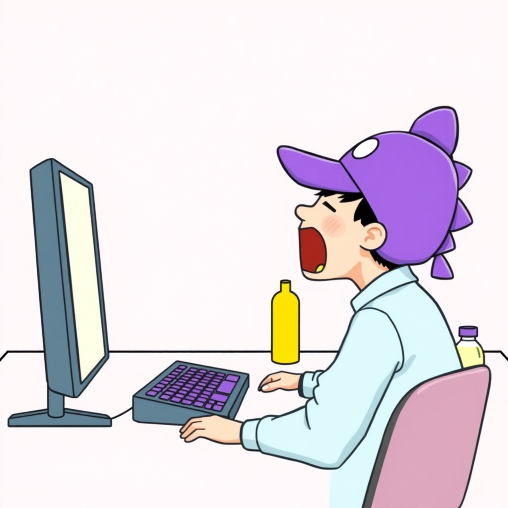 A high-quality illustration of a person sitting at a desk in front of a computer, yawning, with a purple dinosaur-themed cap and light blue shirt. The desk has a computer screen, a keyboard with purple keys, and a yellow bottle beside it. The view is the same as the original image with a light pink background and similar details, but the person now has a dinosaur cap instead of the original one.