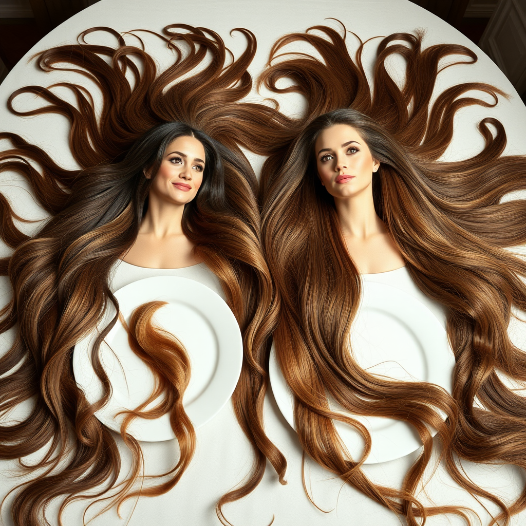 Surreal image of the disembodied heads of very long haired Meghan Markle and Kate Middleton served on plates. Their beautiful hair spread out all over the table.