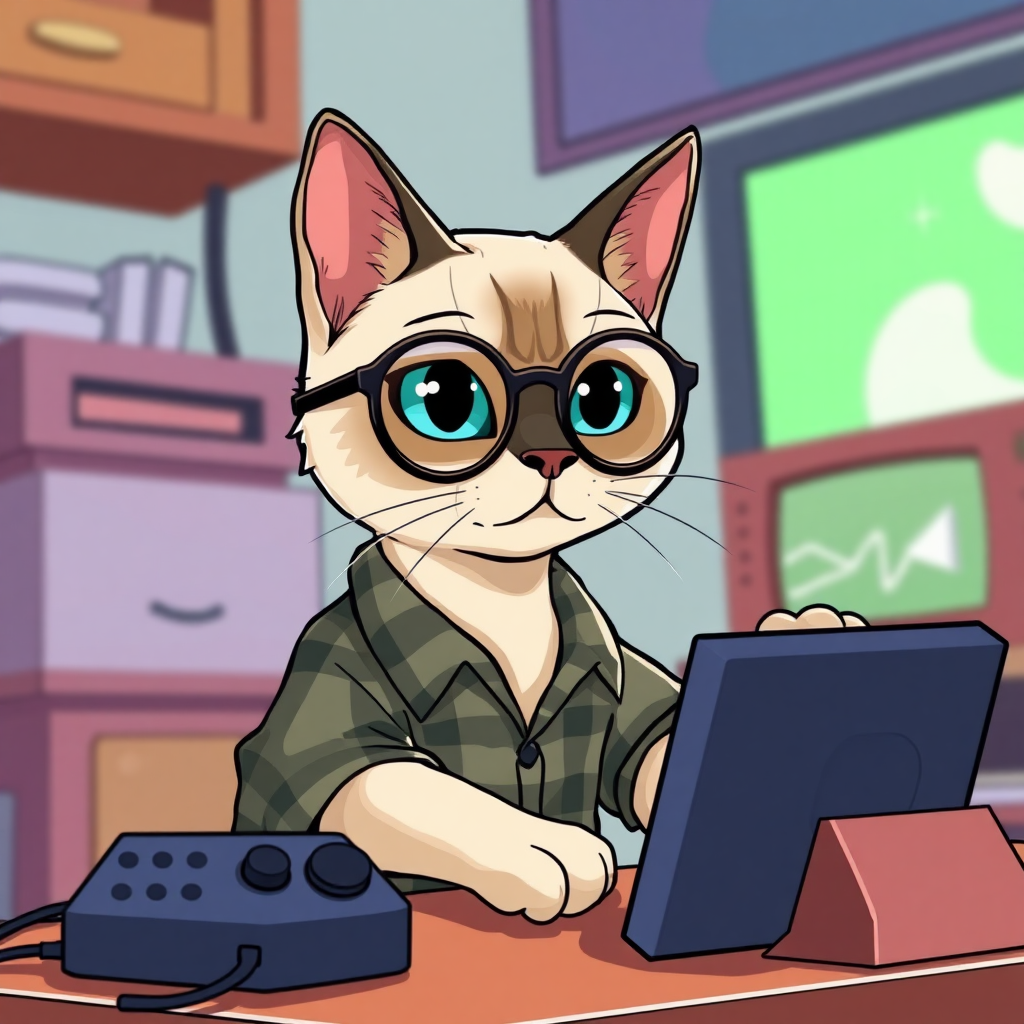 A Siamese cat playing a video game wearing semi-round glasses and a flannel shirt in a cartoon style.