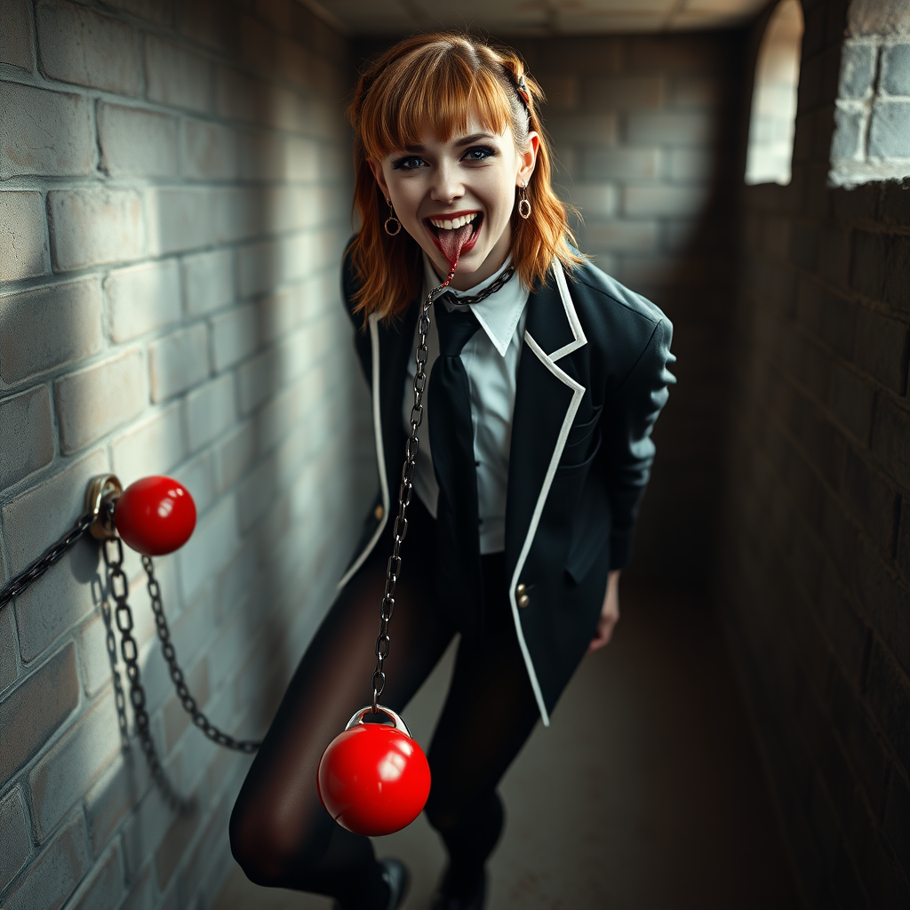 photorealistic, ultra high resolution, 16K, surreal fantasy, soft studio lighting, Tyler Swift is a pretty 18 year old goth male, slim male physique, auburn hair, goth makeup, earrings, shiny black pantyhose, school uniform shirt tie and blazer, Mary-Jane shoes, spikey neck collar chain and leash, red ball-gag, in a dungeon, the end of the leash is chained to the wall, in daylight, excited open mouth smile, drooling a stream of saliva, facing the camera.