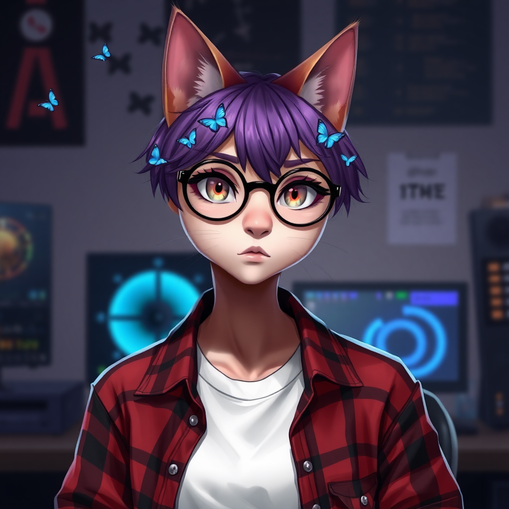 female cat-man without breasts/flat chest serious chestnut color with small blue butterflies on the head, with a purple UNDERCUT hairstyle, hazel eyes, wearing semi-round glasses, an open red and black plaid shirt over a white t-shirt, in front of a desk with a gaming PC, in digital art