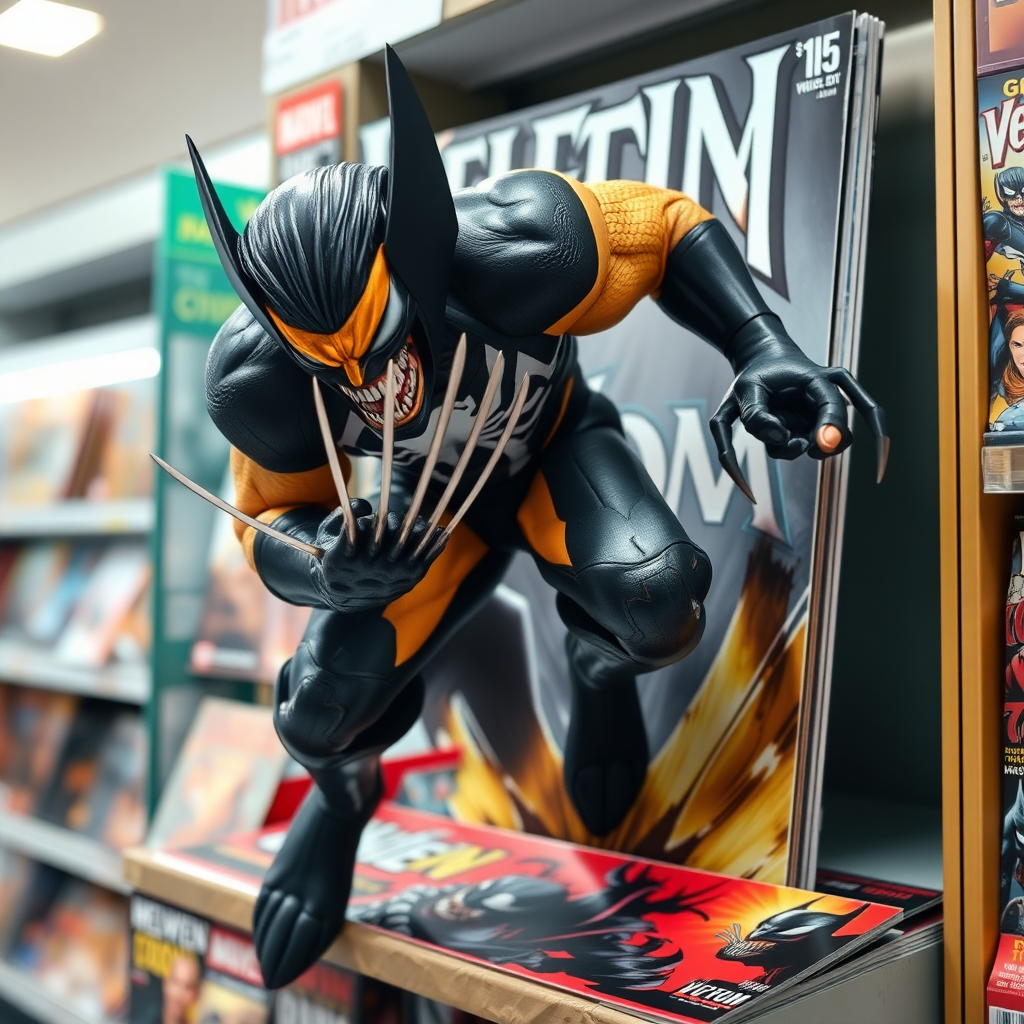 Jumping out of a Comic book cover on a store shelf is Wolverine and Venom. Wolverine has his claws placed into Venom in Cinematic Real3D photo-realistic quality.