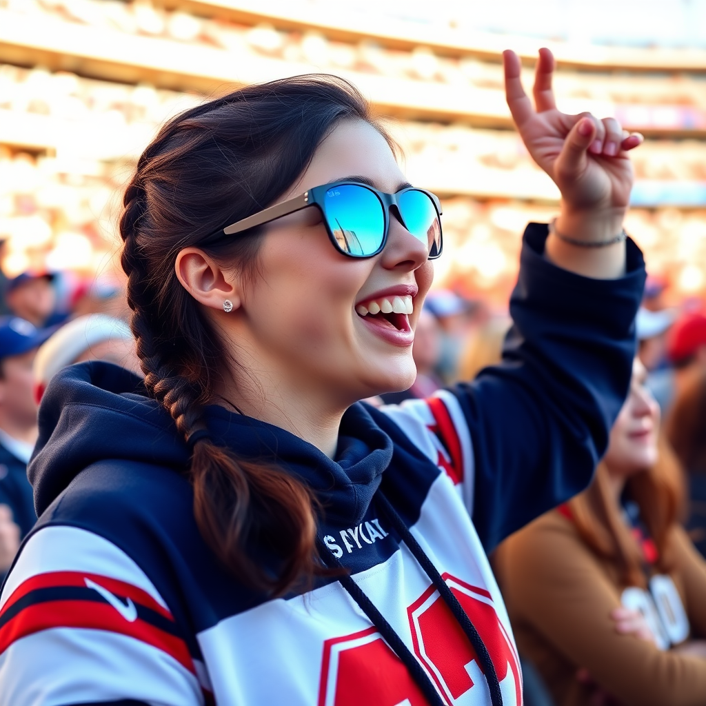 Attractive female NFL fan, pigtail hair, cheering, at crowded stadium bleacher row, rejoicing