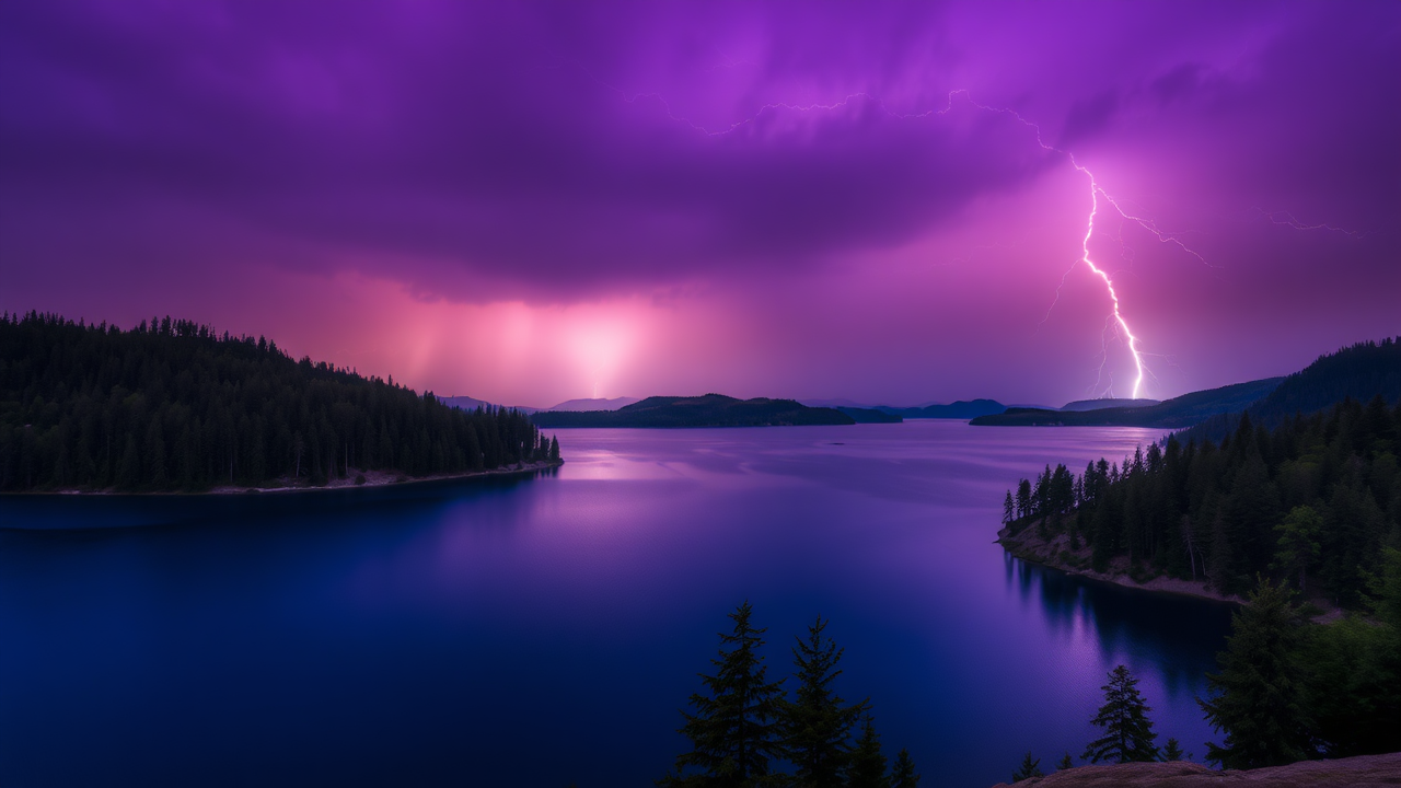 photo, lakes, nature, purple sky, lightning