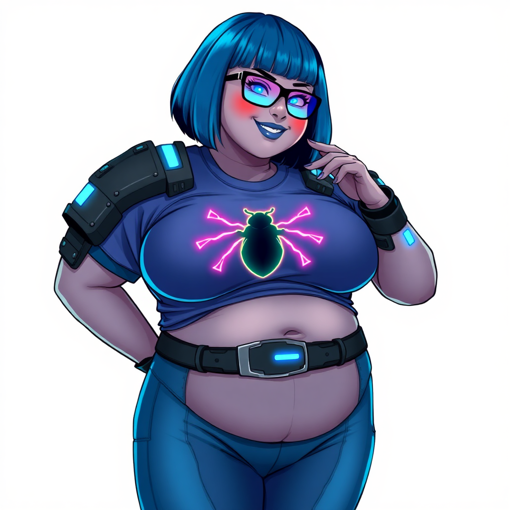 A 28-year-old, full-figured, metallic middle gray (N5) skinned computer program hybrid with a maximum blue bob cut. She has a non-athletic build, highlighted by a prominent, round, large midsection (with emphasis on her belly), which shows the effects of her new love of junk food acquired from her boyfriend. As the full-figured, nerdy, digital sidekick to her cyberpunk vigilante boyfriend, her metallic middle gray skin and maximum blue lipstick (5PB 5/12) emphasize her digital nature. Her skin has a subtle, animated glow, with digital patterns occasionally flickering across it, making her digital nature obvious. She wears a digital, computerized costume, consisting of a huge, tight-fitting, maximum blue t-shirt (5PB 5/12) with a neon blue glowing chest icon of a beetle, hi-tech shoulder pads with neon blue accents, a black hi-tech belt with a digital neon blue glowing buckle, digital maximum blue biker pants (5PB 5/12) with neon blue accents, and black hi-tech fingerless biker gloves with neon blue glowing accents. Her neon blue glowing eyes, black eyeglasses with neon blue glowing lenses equipped with a built-in HUD, and bashful smile with neon red blush accentuate her nerdiness. She stands bashfully with one hand behind her back and the other hand gently touching her cheek, her costume covering all her skin and emphasizing her full-figured physique (especially her belly). She is clearly non-athletic, with a focus on her full-figured physique. Despite her build, she radiates beauty. She has a slim face compared to her physique, accentuating her radiant beauty. She is on a solid white background. She is drawn as if she were in a retro 2D cyberpunk fighting game.