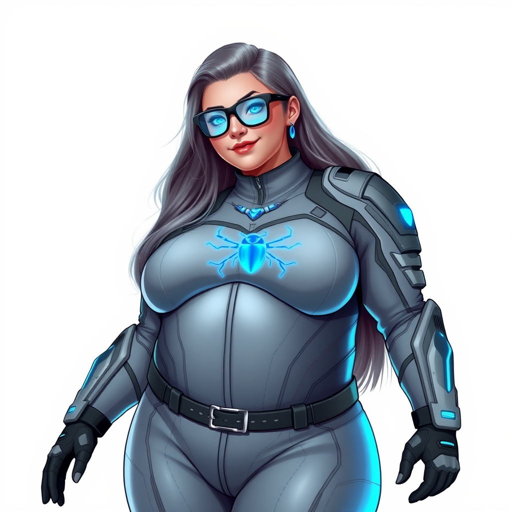 A 29-year-old computer science major, she is the devoted girlfriend of a vigilante and serves as his dotingly pampered, full-figured, nerdy digital sidekick. She is now a Computer Program hybrid, with a unique, metallic Middle Gray (N5) skin color that matches her suit and hair, making her resemble a computer program. Her long hair, suit, and skin are all Middle Gray (N5). Her neon blue eyes are mesmerizing. Her full figure, especially her prominently gargantuan round midsection, shows just how heavily fed and pampered she is, with sequoia-sized limbs and broad shoulders.

As a loyal and supportive sidekick, she plays a crucial role in their missions, using her digital prowess to assist and protect. She wears a blue sapphire scarab necklace and blue sapphire earrings, which she received as symbols of their love before his 5-year disappearance. Her digital and computerized biker suit, also Middle Gray (N5), covers her entire body and is adorned with a neon blue beetle emblem on its chest. The suit is equipped with high-tech features, including holographic displays and integrated hacking tools. She has matching high-tech gloves. She emits neon blue data cubes from her body, set against a solid white background.

Heavily, attentively, and immensely pampered through being well-fed since their reunion, her full figure clearly shows the extent of care she has received. Despite her digital enhancements, she retains her human vulnerabilities, including hunger and sleep, and is not immune to human weaknesses. She has the ability to hack into computers and machines, and her nerdiness is blatantly obvious with her black oversized eyeglasses. Her full figure, especially her gargantuan midsection, is prominently displayed and heavily emphasized. Her outfit, influenced by DC’s Jennifer Knight Phantom Lady, remains distinct.

Despite her boyfriend’s limited resources, she assists in the war on crime by serving as a minicomputer, traveling in a high-tech wristwatch and supercar’s computer system. Using her hacking abilities, she relays crucial knowledge related to missions. She bashfully smiles. She is drawn as if she was in a retro 2D cyberpunk fighting game.