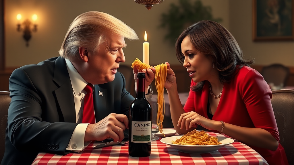 Photoreal style. ratio: 16:9. Donald Trump and Kamala Harris eating in an Italian restaurant a la the one in 'Lady and the Tramp.' Checkered tablecloth, Chianti bottle used as a candle holder. Both humans are eating spaghetti from the *same* plate with their hands, and end up eating the same piece of spaghetti, making their heads meet.