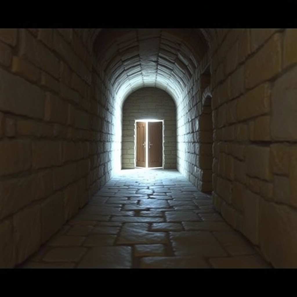 highly detailed realistic 35mm fantasy movie still photograph of This is another plain stone passageway, but the celling is only 10' high. Daylight will enable adventurers to dimly see what appear to be two separate doors at the end of the corridor. The floor paving at 50' distance within the passage will shift slightly when adventurers tread upon its surface. They will hear a rumbling from behind (or beside if some are at 30' within) them, the huge stone block, 10' thick, has slid shut and completely sealed off the passageway. This block cannot be moved or forced back.