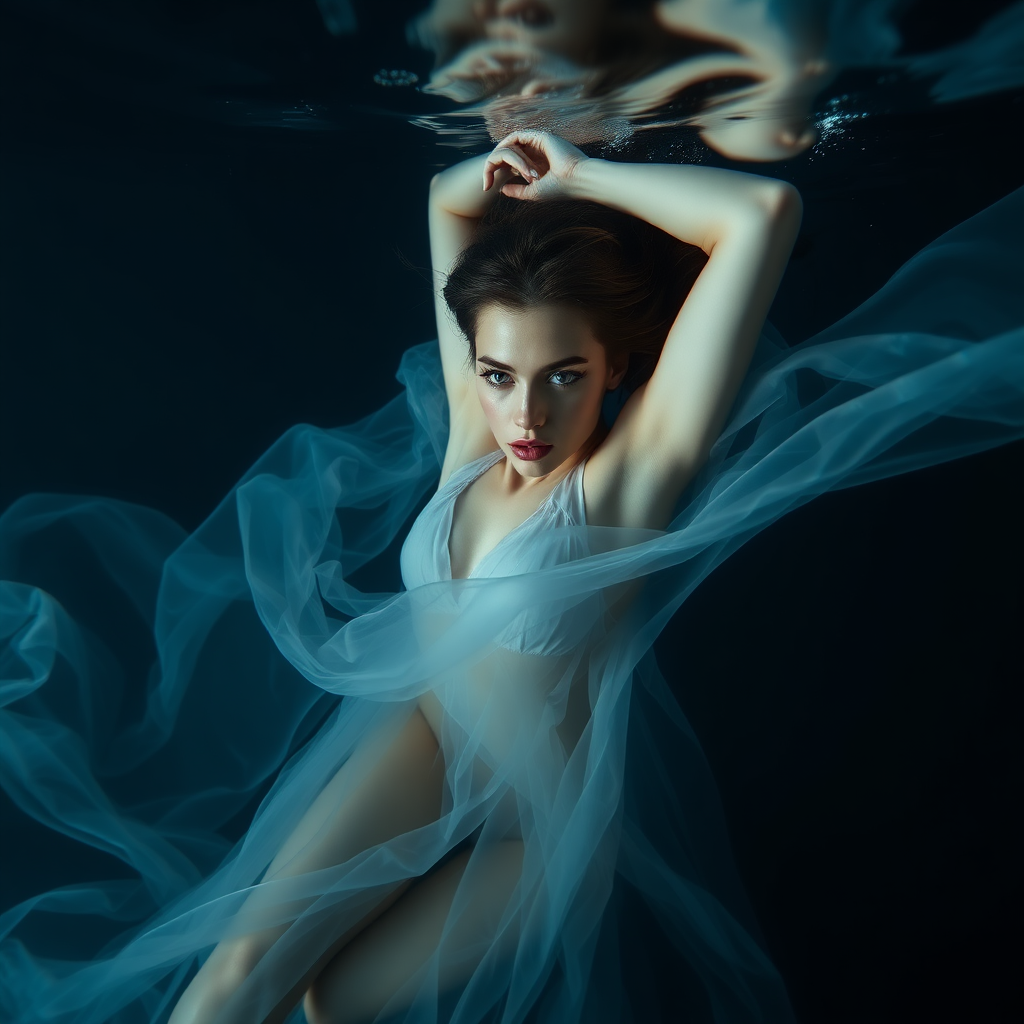 Supermodel floating underwater in gossamer diaphanous flowing gown, dark deep waters and dramatic lighting, crystal clear water her arms are up over her head stunning hd DSLR photography, she's facing the viewer looking down deeper into the water. intense and mysterious eye contact.