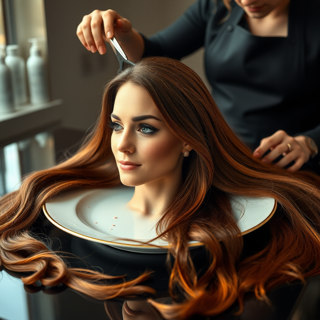 In a bizarre, surreal tableau, the polished surface of an elegant dining plate cradles the disembodied head of a strikingly beautiful Kate Middleton, her long, flowing hair cascading like a glossy waterfall of deep chestnut and honey highlights. The hair is luxuriously arranged, strands shimmering under the soft, ambient light that bathes the scene in an ethereal glow.

A skilled hairdresser, clad in a sleek black apron, stands poised with a pair of gleaming scissors, carefully trimming the endlessly luxurious locks that frame Kate's serene, almost ethereal features. The air is thick with the scent of salon products mingling with delicate hints of floral fragrances, creating an unusual yet strangely inviting atmosphere. The hairdresser's focused expression reveals a meticulous dedication as snippets of hair fall gracefully onto the pristine plate, echoing a sense of both artistry and absurdity.

The overall emotional tone conveys a dreamlike quality, inviting viewers to ponder the juxtaposition of beauty, identity, and the bizarre circumstances that bind them in this extraordinary moment.