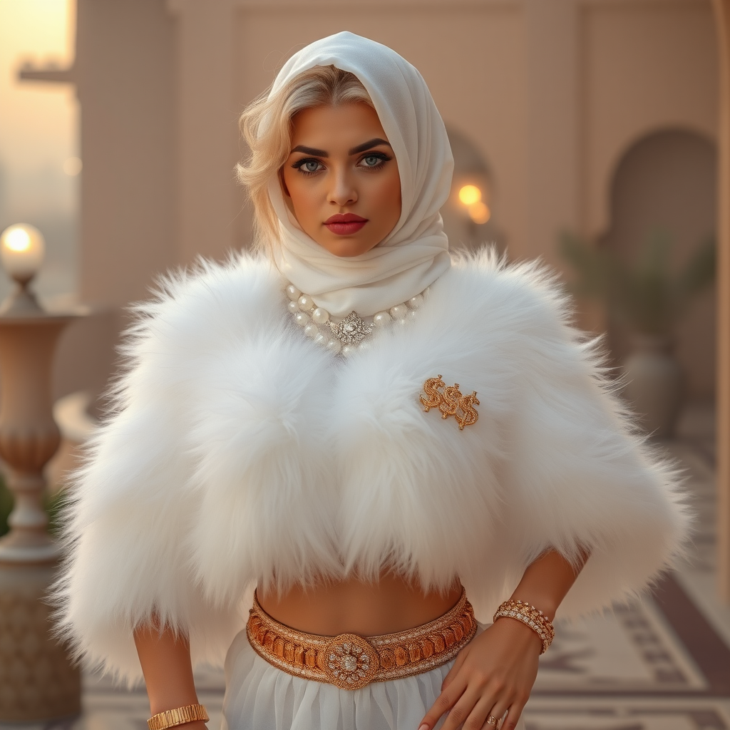 Kuwait desert palace harem patio misty dawn: Melissa, European 17 years old very convincing femboy “trophy-bimbo”, tamed servile docile, very beautiful feminine flawless face, rather short, by hormones very curvaceous womanly figured, platinum blond short tight curls, heavily made-up eyes, wearing Supertanya-style fluffy very fuzzy bright white angora turtleneck-poncho cropped ending under bust decorated with pearls and gemstones, striking oriental wide gold bridal protection belt, white fully transparent harem pants, full Oriental bridal jewelry, face covered by white sheer full Burka, coin anklets, striking diamond “$$$” letter brooch on left chest, pout frustrated, seductively dancing for the sheik, looking at camera. Focus on face and turtleneck-poncho.