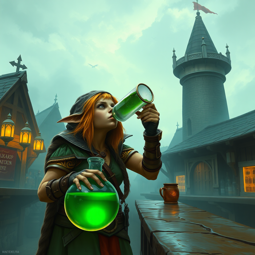 A wide distance shot of a female kobold warrior drinking a large potion from a round flask. dungeons and dragons port called waterdeep. mage tower in the background. bar with an advertisement for a drink called "Brajkaisop".