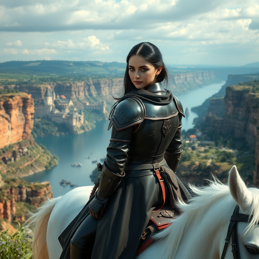 beautiful young woman, dark hair, past her shoulders, blue eyes, small, slim figure, wearing full leather armor suit, long cloak, on a white horse overlooking a large canyon and beautiful medieval village on a lake.