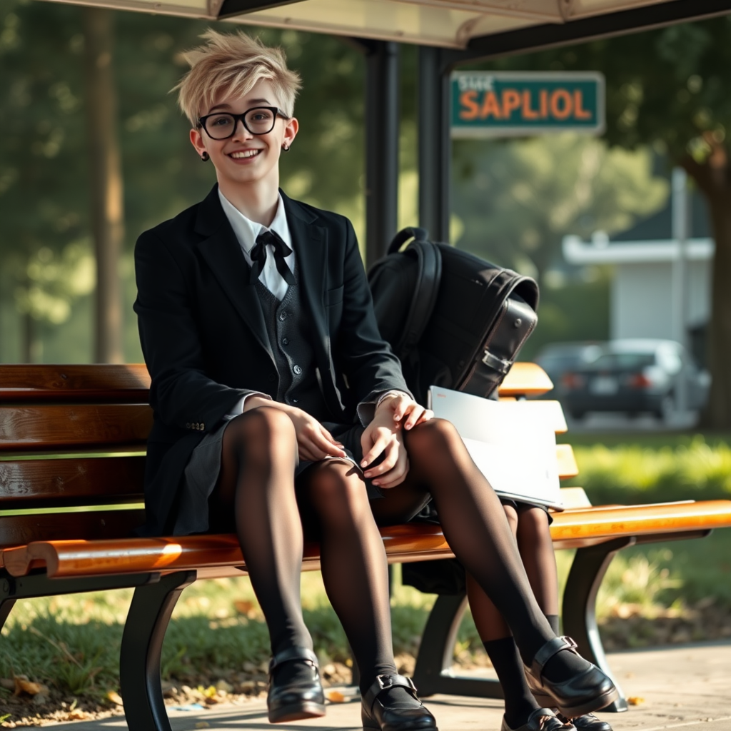 photorealistic, ultra high resolution, 16K, surreal fantasy, soft studio lighting, a pretty 18 year old goth male, slim male physique, short blonde hair, black glasses, goth makeup, earrings, shiny black pantyhose, UK girls-school uniform, Mary-Jane shoes, sitting on his boyfriends lap on a bench waiting for the school bus, in daylight, excited smile, facing the camera.