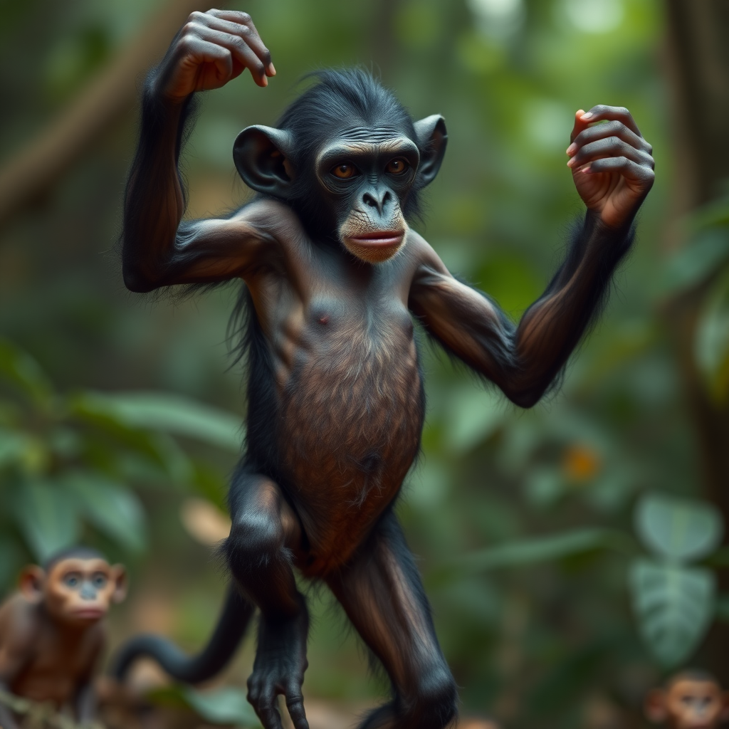 dark skinned humanoid who looks like a half dancing monkey