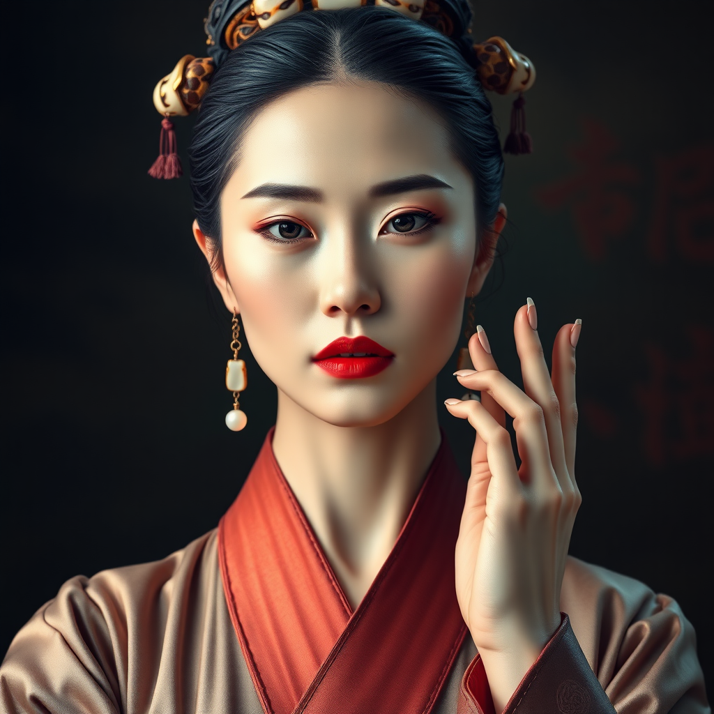 A chinese ancient woman is wearing silk shoes. On her head is tortoiseshell jewelry. Around her waist is a plain silk strap. She has earrings made of moon pearls. Her fingers are extremely slender and white, just like sharpened scallion roots. Her lips are rosy red, as if she has vermilion on them. Vividly presenting her beauty, elegance and dignity. The image should be highly realistic, with fine details and lifelike textures. The colors should be natural and vivid, enhancing the overall sense of authenticity.