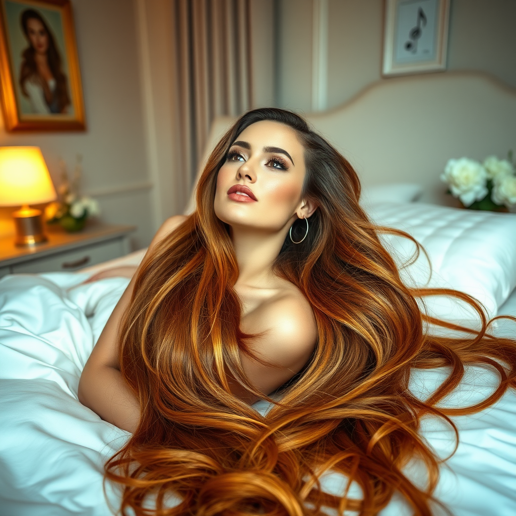 In a softly lit, elegantly decorated bedroom, a stunning woman reclines comfortably on a plush white bed, her back gently pressed against the luxurious silk sheets. Her striking features are illuminated by the warm, golden glow of a nearby bedside lamp, highlighting her radiant complexion. Sprawled out around her head, her extraordinarily long, flowing hair cascades like a vibrant peacock's tail, rich with shades of deep chestnut and sun-kissed gold that shimmer with each subtle movement. The delicate strands mingle with the soft fabric of the sheets, creating an intricate tapestry of textures. The room is infused with the sweet, floral scent of fresh jasmine, emanating from a vase on the dresser. In the background, the faint sound of music drifts through the air, creating an atmosphere of serene tranquility. Her bright, expressive eyes gaze peacefully at the ceiling, reflecting a sense of contentment and introspection as if lost in a daydream, inviting anyone who sees her to pause and appreciate the captivating beauty of the moment.