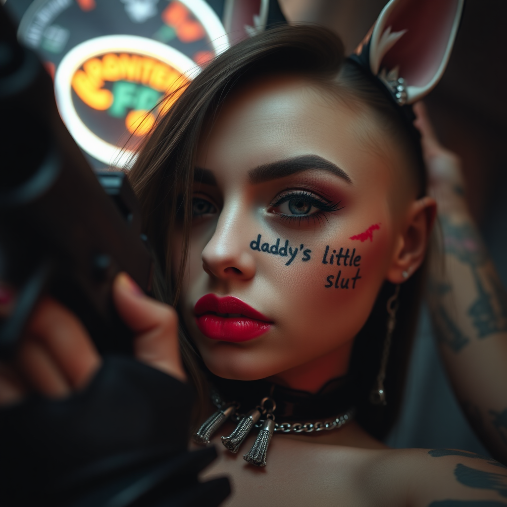 Full body in frame, low POV, Real life photo of a cyberpunk prostitute, she has “daddy’s little slut” written on her skin with lipstick. She is holding a big gun, she has fox ears, tiny metal nipple tassels.