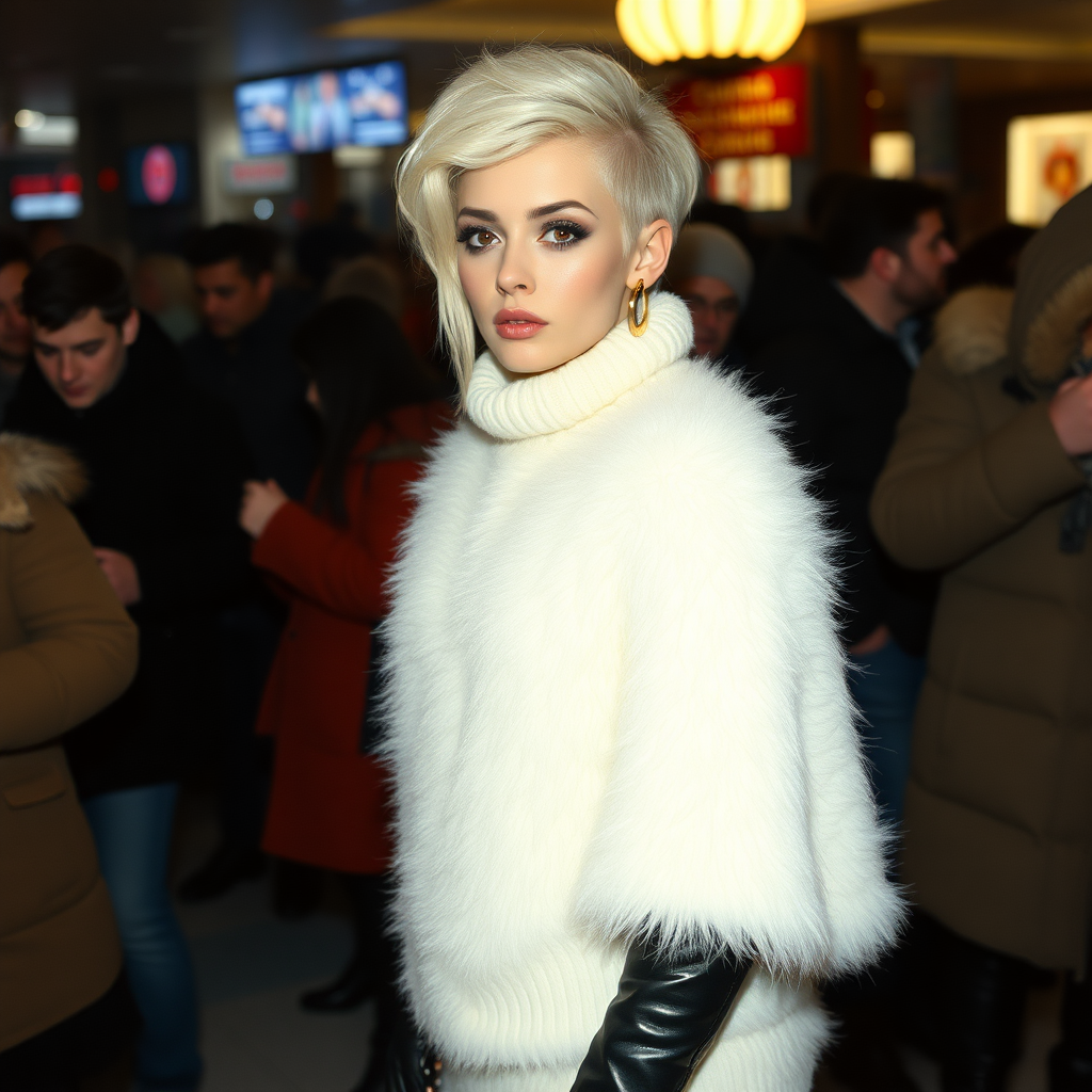 1990 winter evening, crowded cinema lobby: Sam, 19 years old beautiful involuntary femboy, rebellious intractable character, petite boyish figure, platinum blond boyish rebel punk hairstyle, flawless heavily made-up face with sharp arched tattooed eyebrows, wearing Supertanya-style fluffy very fuzzy bright white angora long turtleneck-poncho fully covering body and arms, black leather high-heeled thigh-high boots, gold earrings, puzzled alarmed, pout serious, impatiently waiting for her master. Focus on Sam’s face and turtleneck-poncho.