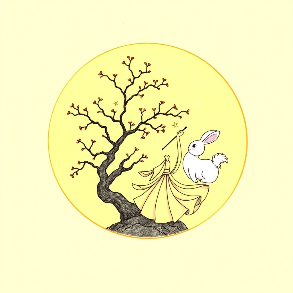 Draw a golden yellow moon, with a light pale yellow background. Inside the moon, there is a tall osmanthus tree, a pure white Jade Rabbit, and Chang'e, dressed in a beautiful skirt, dancing.