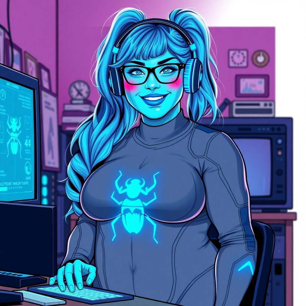 A nerdy, full-figured light neon blue glowing skinned 29-year-old computer program hybrid with a long, light neon blue glowing ponytail. She wears maximum blue lipstick and has bright blue eyes. Her outfit includes a digital, computerized, middle gray bodysuit featuring a neon blue glowing beetle chest icon. She sports a sapphire headset and black eyeglasses, with a beaming smile and neon red blush. Her full figure reflects the doting care of her vigilante boyfriend. As his tech expert, she works diligently at her lab table in their hideout. The background is solid white. She has a prominent, round, gargantuan midsection. Her proportions are bloated, expanded, and broadened to emphasize her physique. Her neon glowing light blue skin highlights her digital nature. She is drawn as if she was in a retro 2D cyberpunk fighting game.