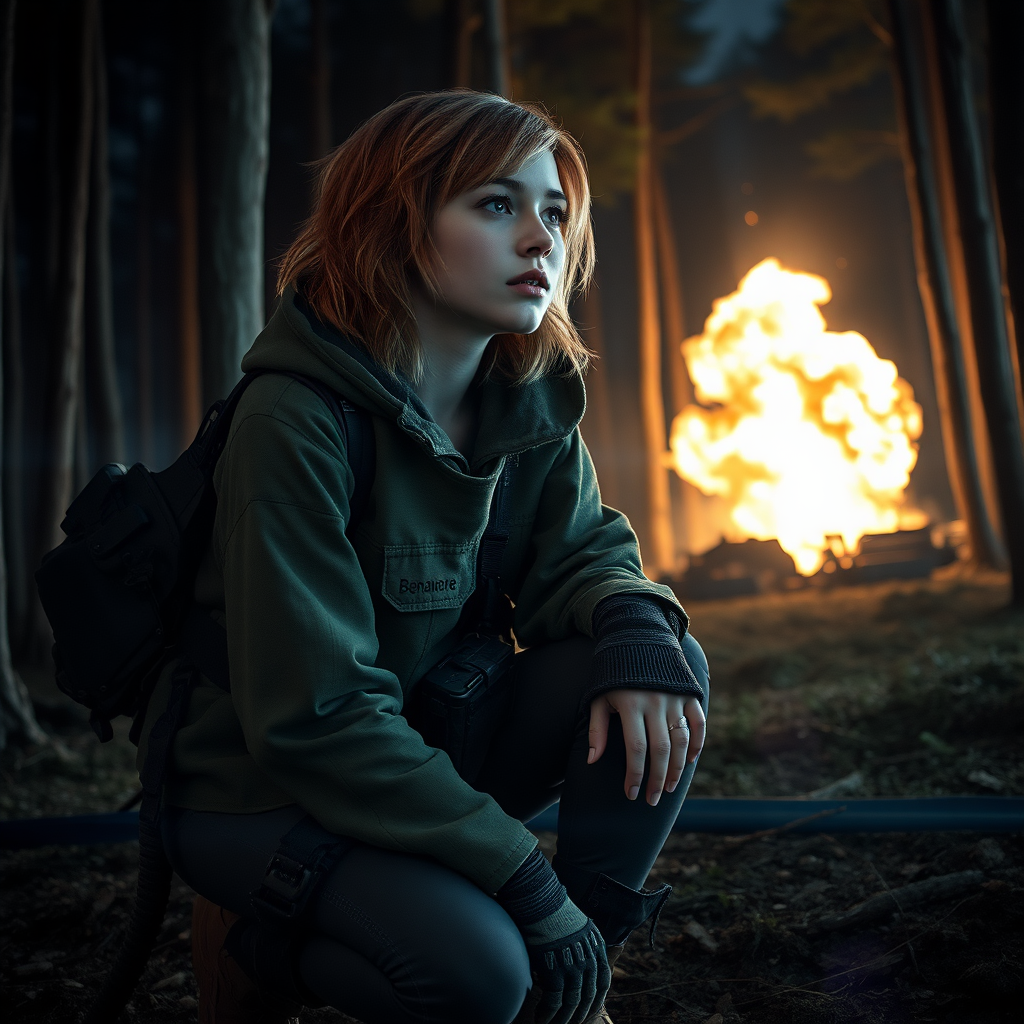 A twenty something female like Ana de Armas, athletic, thin, medium-length wild strawberry blond hair, in military poncho, name tag sewn on her left chest pocket that says "Benaenae". Science fiction equipment strapped to her. She is crouching in a forest at night, looking toward explosions in the background. Trees all around. Ruined battlemech nearby. Hyperrealistic, lens flare, film grain.