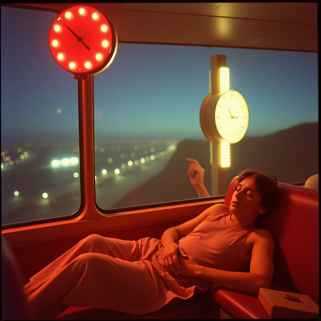 Highly detailed Kodachrome color real surrealist photograph from 1974 of Sleeping cheaply on the midnight show  
It's the same old ending, time to go  
Get out