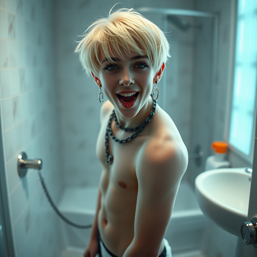 photorealistic, ultra high resolution, 16K, surreal fantasy, studio lighting, a pretty 16 year old goth boy, slim male physique, short blonde hair, goth makeup, earrings, spiky chain and leash, pantyhose, white ballet shoes, in the bathroom, excited smile, facing the camera, drooling from his mouth.