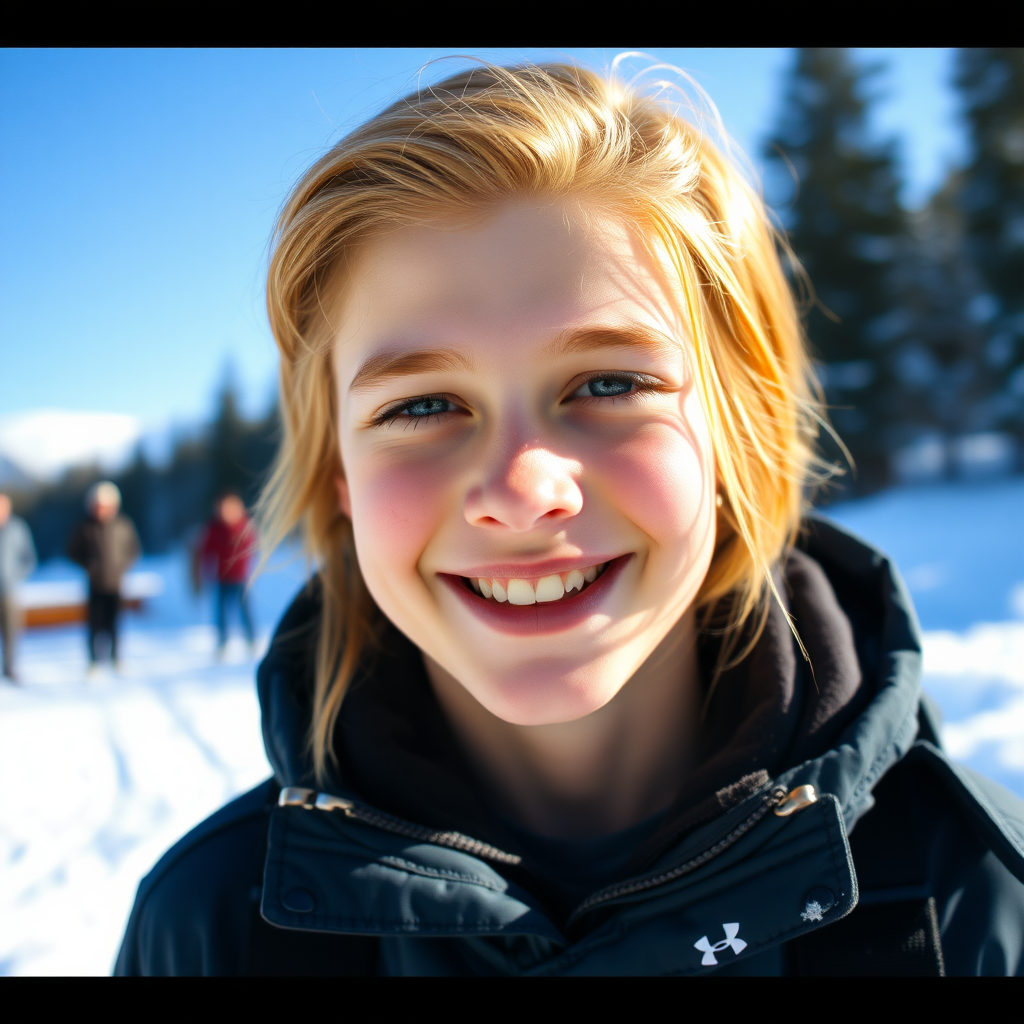 beautiful happy teen boy with cherry blonde long hair, full lips, perfect eyebrows, pale skin, on Alaska during winter in Anchorage on sunny snow day