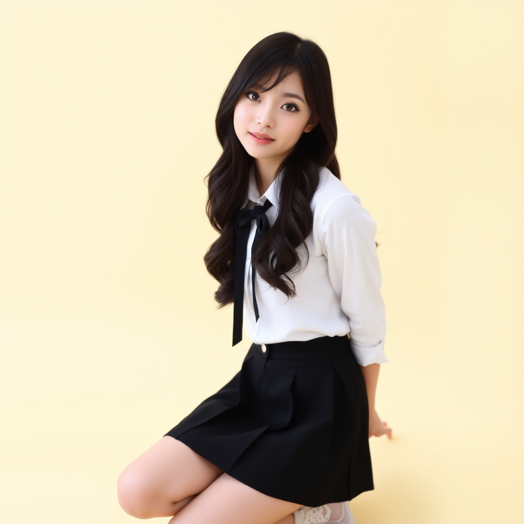 Asian portrait. A young woman, possibly in her early twenties, with long, wavy black hair and fair skin, is kneeling in front of a light yellow background. She has lovely eyes and is looking towards the camera. She is wearing a white shirt with a tie, a black mini skirt, white lace stockings and no shoes.