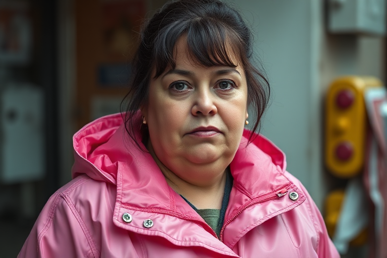 35 year old woman, fat face, pink pvc jacket