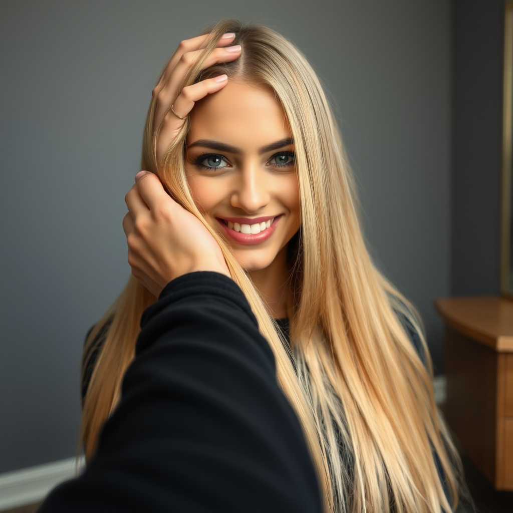 POV, beautiful very long haired blonde woman sitting in a hair salon smiling at the camera while I reach out from behind the camera to massage her scalp. My fingers are digging into her hair rubbing her scalp while her hair is covering my hands. Plain gray background.