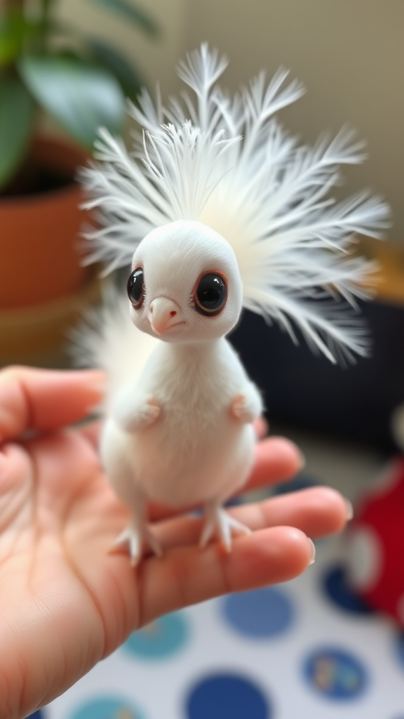 A small tiny cute chubby big eyes big perfect tail real white dancing peacock with tail on hand