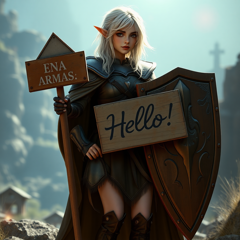 A twenty-something elf girl like (ana de armas). messy shoulder length white hair. wide triangular shoulder pads, flowing cloak, leather armor, shield, skirt, high heel ankle boots. she is holding a sign with the word "Hello" engraved on it. WLOP style. Photorealistic digital matte painting, highly detailed, film grain, lens flare, chromatic aberration.