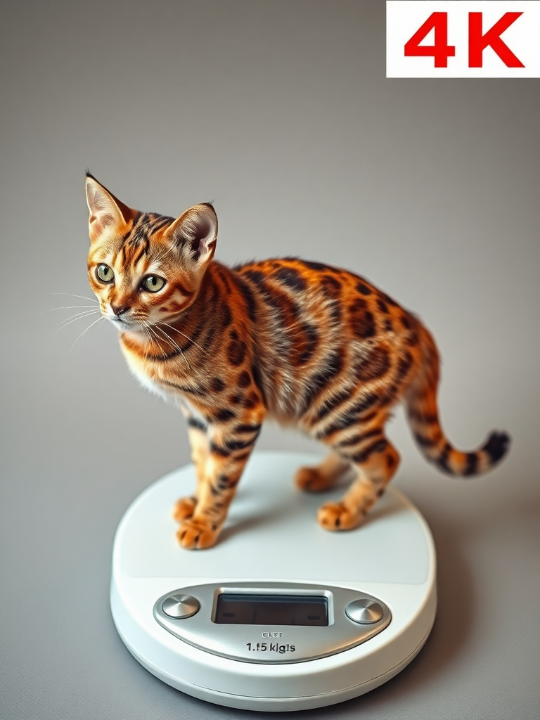 Create a hyper-realistic 4K image of a Rusty-Spotted Cat standing on a weighing scale. The scale should clearly display the weight as 1.5 kilograms. Ensure the cat’s distinctive rust-colored spots are visible and the scale is shown with accurate details, emphasizing the cat's small size and unique markings.