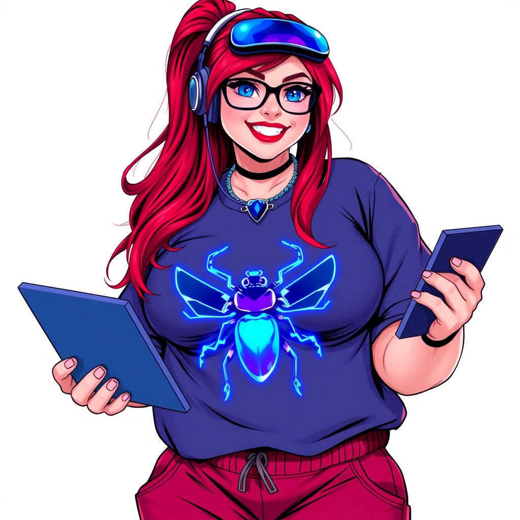 A cyberpunk vigilante’s full-figured intelligent and tech-savvy 29-year-old girlfriend, who is a computer hacker and tech genius. She has a long ruby red ponytail and bright blue eyes. She wears a sapphire beetle gemstone necklace, an oversized Maximum Blue (RGB 71, 171, 204) t-shirt featuring a neon blue glowing chest icon of a winged beetle, and matching Maximum Blue (RGB 71, 171, 204) sweatpants. She has a full-figured physique with a prominent, gargantuan, well-rounded midsection, reflecting her well-cared-for lifestyle. Her midsection is heavily emphasized. She sports a sapphire headset with a hi-tech sapphire lensed HUD visor, Maximum Blue (RGB 71, 171, 204) lipstick, black eyeglasses, and a beaming smile with a passionate bright red blush. Despite her figure and a lack of self-esteem, she radiates an air of beauty. She has an angular face which contributes to her radiant beauty. She serves as his tech expert from his hideout, holding a holographic tablet and a hi-tech tool wrench. The background is solid white. She is drawn as if she was in a retro 2D cyberpunk fighting game.