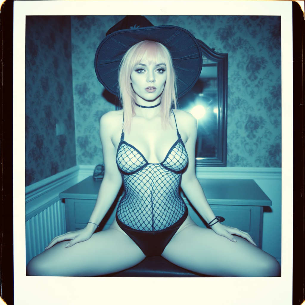 can of an old polaroid photo with heavy dark vignetting and a blue color tint to the photograph and visible light leaks. The photo depicts a sexy alt goth girl with pale skin and pink hair. She has large breasts with ample cleavage and is wearing a black fishnet bodysuit. She is wearing a witch hat. The image looks hazy and grungy. She is in an old house with wallpaper on the walls. Dark lighting with camera flash used. Candid. she is wearing a black thong. She is sitting on a builtin vanity with a mirror with her knees spread apart.