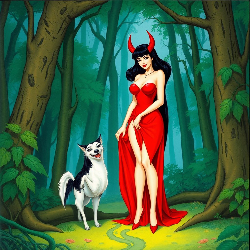 A classic forest scene with Vampirella. The scene is lush with the art styling of Linda Ravenscroft.