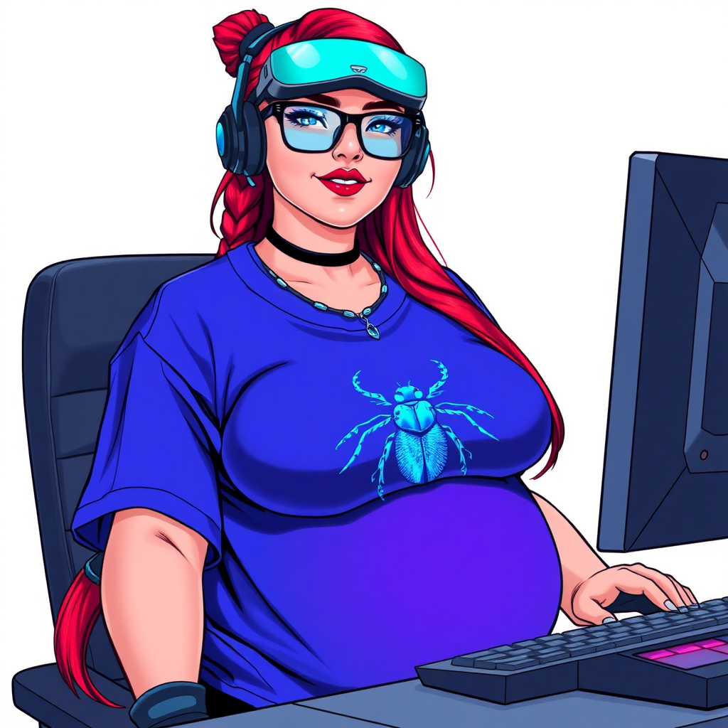 A cyberpunk vigilante’s full-figured intelligent and tech-savvy 28-year-old girlfriend, who is a computer hacker and tech genius. She has a long ruby red ponytail. She wears maximum blue lipstick, bright blue eyes, a sapphire beetle gemstone necklace, sapphire earrings, black eyeglasses, and an oversized maximum blue t-shirt featuring a blue sapphire gemstone crusted beetle chest icon. She has a full-figured physique with a prominent, massive, round belly, reflecting her well-cared-for lifestyle. She sports a sapphire headset with a hi-tech maximum turquoise lensed HUD, and a shy smile with a neon red blush. She serves as his tech expert from his hideout, diligently working at her lab table computer desk. The background is solid white. She is drawn as if she was in a retro 2D cyberpunk fighting game. Ensure her t-shirt covers her belly.