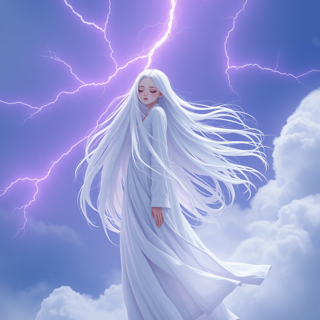 1 girl, solo, long hair, closed mouth, closed eyes, white hair, sky, clouds, white floating, floating hair, cloudy sky, long dress, electricity, purple lightning, 3D movie quality, real photo, rich in detail, ultra high resolution, 32K UHD, sharp focus, best quality, masterpiece, superb detail, delicate balance, with exquisite textures, concept art, mid-air, eyeshadow, makeup, purple atmosphere