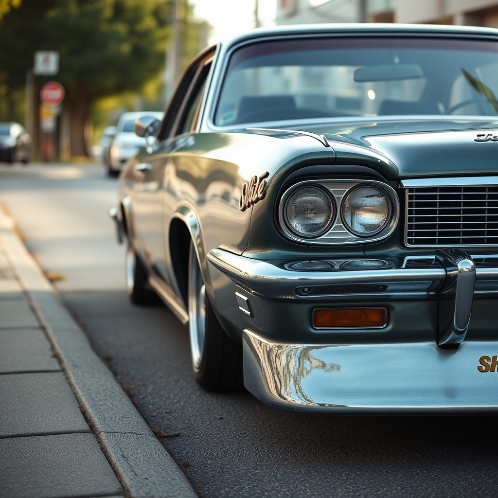 the car is parked on the side of the road, inspired by Taiyō Matsumoto, tumblr, restomod, nd4, c4 metallic shine classic american low rider car