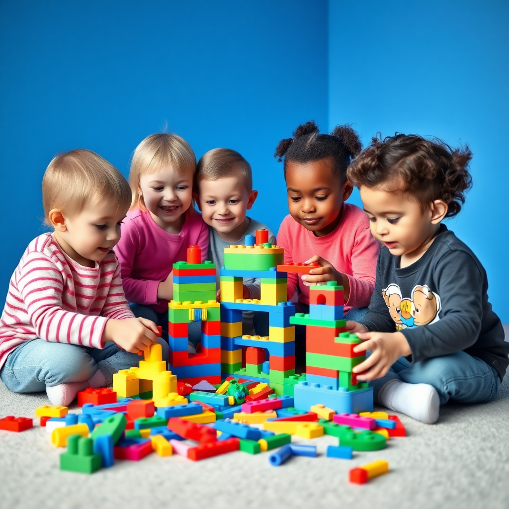 A group of 5 children playing with toy building blocks, all from different races, age range 8-10, and the room in which they are playing should have blue color walls.