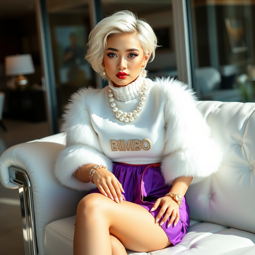 Sunny spring morning, chichi household, modern glass-steel-concrete CEO office, sitting on white leather sofa: Suki, 17 years old Asian very convincing femboy “trophy-bimbo”, tamed servile docile, very beautiful feminine flawless face, rather short, by hormones very curvaceous womanly figured, platinum blond short tight curls, bold red lips, long white French nails, heavily made-up face, wearing Supertanya-style fluffy very fuzzy bright white angora turtleneck-poncho cropped ending under bust decorated with pearls and glass stones, purple vinyl pleated mini-skirt, bright red pumps with golden very high heels, white pearl belly piercing, large pearl earrings, striking diamond “Bimbo” letter brooch on left chest, thick heavy pearl wristlets, pearl anklets, pout frustrated, looking at camera. Focus on face and turtleneck-poncho.