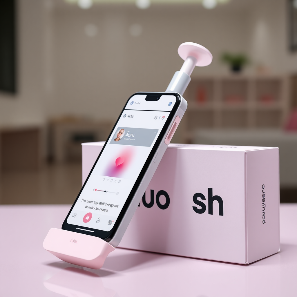 A close-up straight front view of mobile phone in the shape inspired by syringe, white pink futuristic, kept for sale leaning to a box with text Ashu and minimal design, in showroom, touchscreen phone with instagram page open on screen, needle on top, whitepunk,