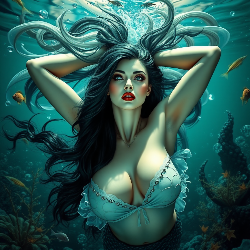 Vampirella as a mermaid underwater amazing loose flowing hair floating in a nimbus around her beautiful face her arms outstretched languidly over her head. she's looking down into the viewer's eyes making intense eye contact. loose fitting diaphanous. Burlesque. Stunning undersea life details plants and fish and other creatures of the sea. Powerful three dimensional graphic effects. HD photo.