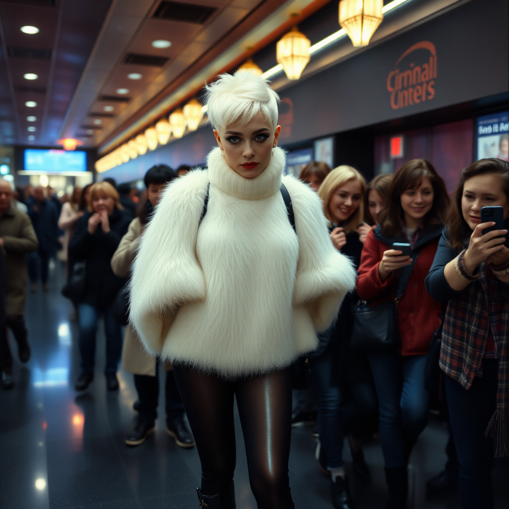 1990 winter evening, crowded cinema lobby: Sam, 19 years old beautiful involuntary femboy, rebellious intractable character, petite boyish figure, platinum blond boyish rebel punk hairstyle, flawless heavily made-up face with sharp arched tattooed eyebrows, wearing Supertanya-style fluffy very fuzzy bright white angora thigh-length turtleneck-poncho fully covering body and arms, silver-glitter leggings, black leather high-heeled pumps, silver earrings, puzzled alarmed, pout serious, impatiently waiting for her master. Other visitors watching laughing taking pictures. Full view of scene.