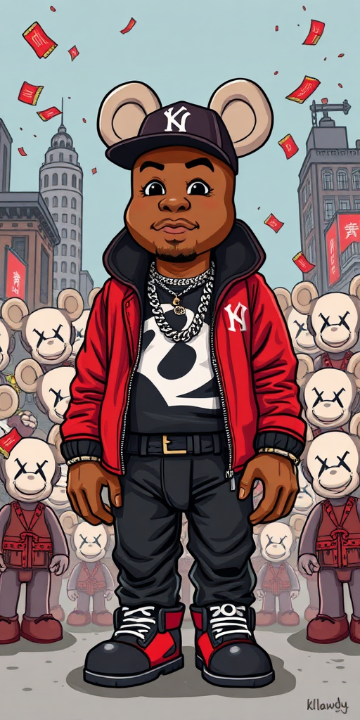 create an illustration of the rapper Chris Brown surrounded by Bearbrick and KAWS background hanoi