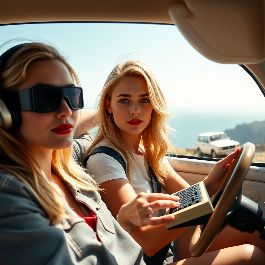 Three pretty blonde women driving a 1968 VW Beetle in the sun on a coast road with a camera on her face and her face clearly visible. Red lipstick and small facial tattoos. Holding a Sinclair ZX81.