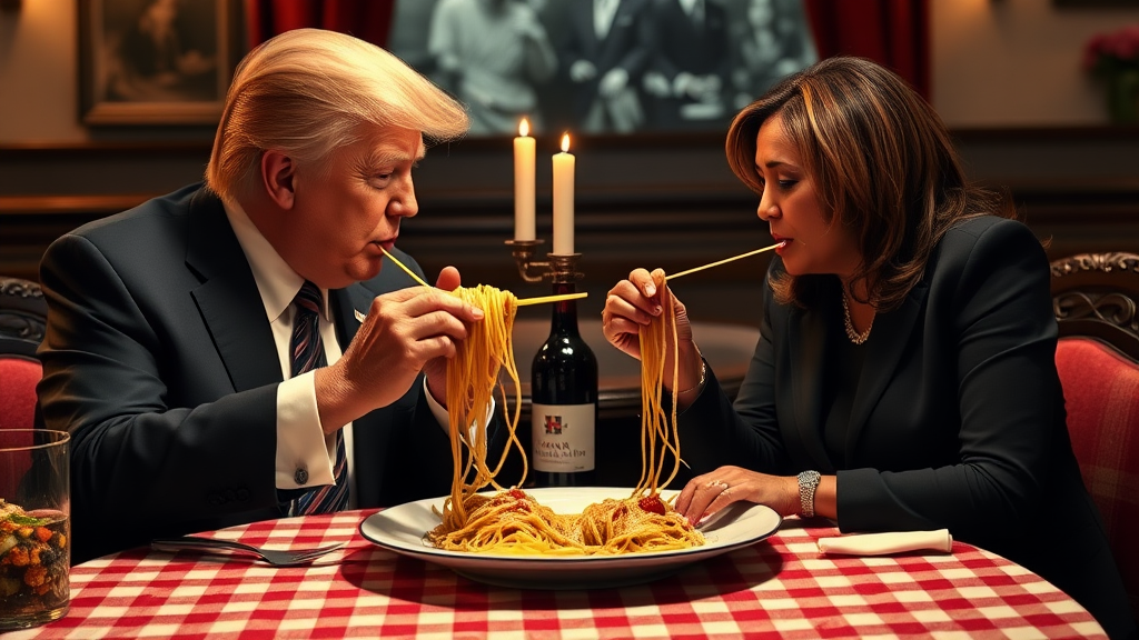 Photoreal style. ratio: 16:9. Donald Trump and Kamala Harris eating in an Italian restaurant a la the one in 'Lady and the Tramp.' Checkered tablecloth, Chianti bottle used as a candle holder. Both humans are eating spaghetti from one shared plate with their hands, and end up eating the same long piece of spaghetti, making their heads very close.